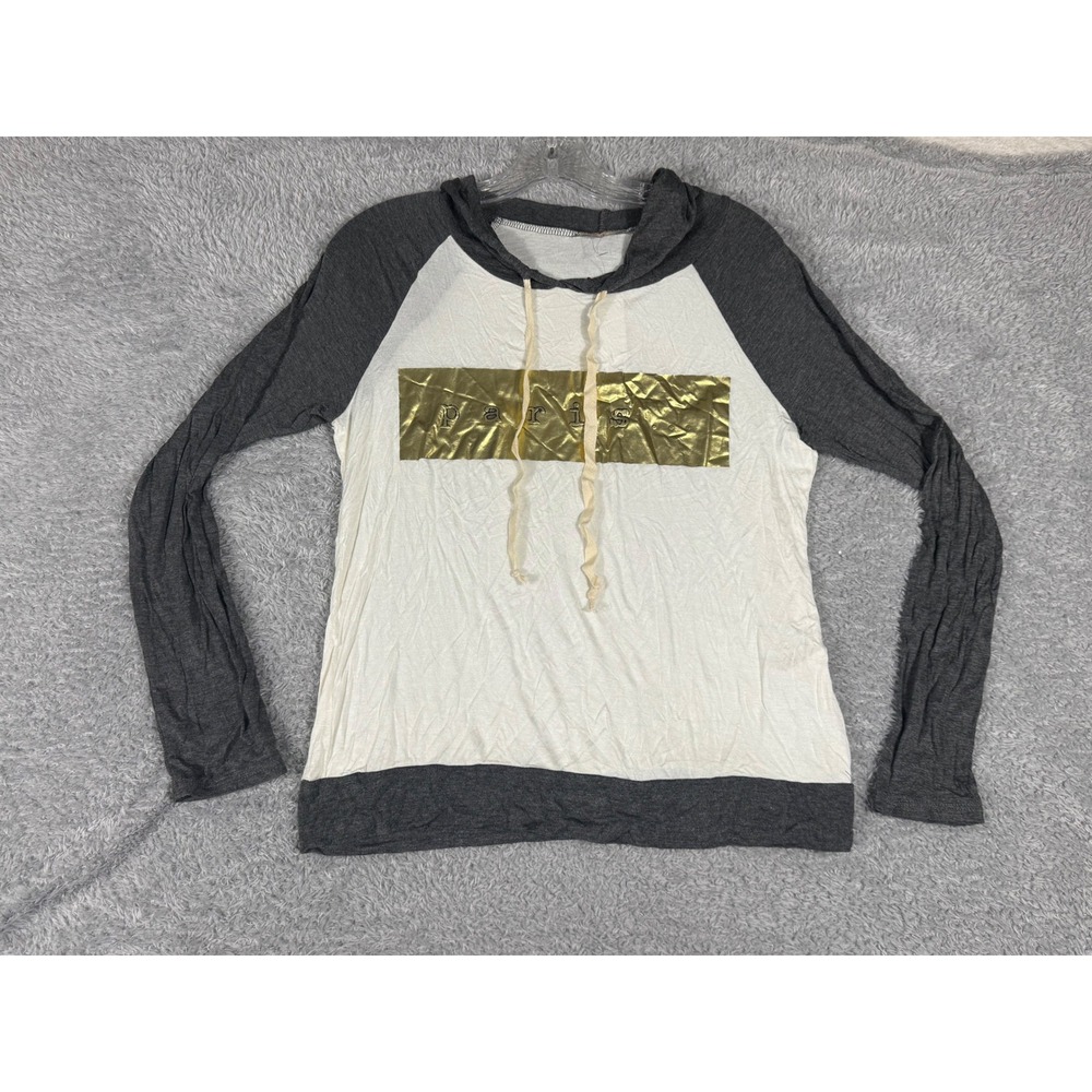 Free Kisses Hoodie Womens Large White Gray New Paris Gold Metallic Raglan Top